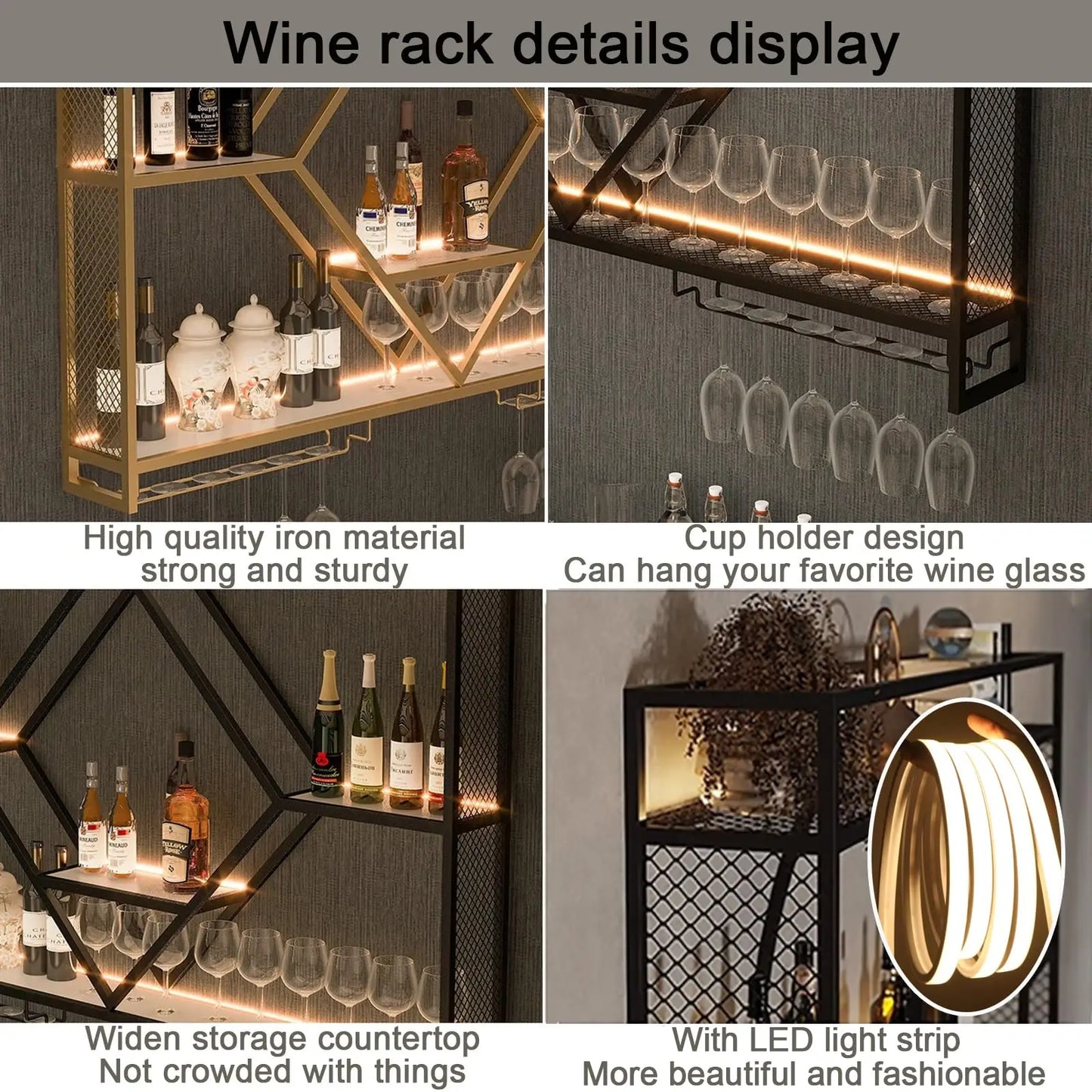 Metal Wall Bar Shelves with Wine Rack – Liquor Bottle Storage Holder for Kitchen, Dining Room & Home Bar Décor