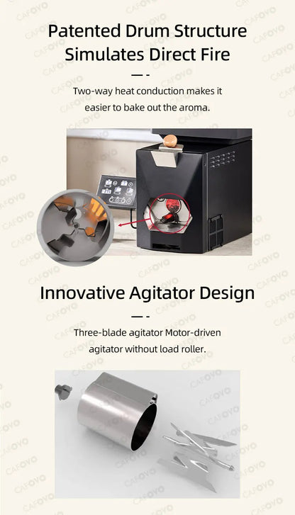 CAFOVO RE-3 200g Electric Coffee Bean Roaster Machine Simulates Direct Fire Stirring Baking Intelligent Dual Mode for Home Use