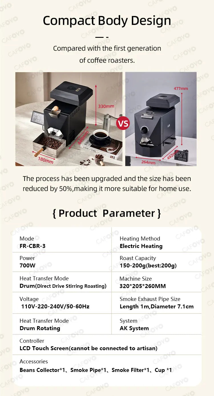 CAFOVO RE-3 200g Electric Coffee Bean Roaster Machine Simulates Direct Fire Stirring Baking Intelligent Dual Mode for Home Use
