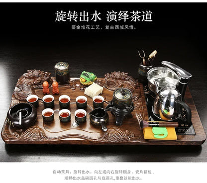 Solid Wood Tea Tray with Purple Sand Kung Fu Tea Set & Induction Cooker – Premium Chinese Gongfu Teaware