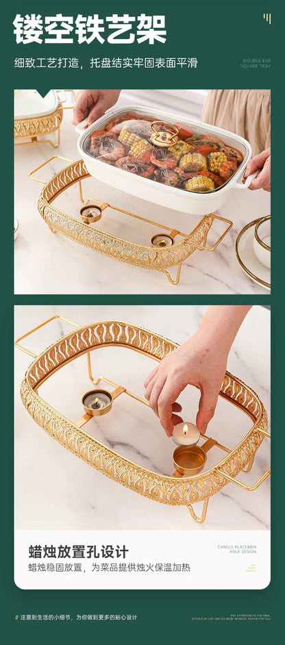 Light Luxury Square Dinnerware Set with Lid and Candle Holder, Nordic Style Ceramic Hot Pot Tableware