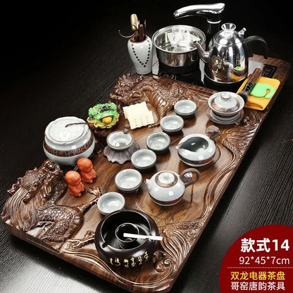 Solid Wood Tea Tray with Purple Sand Kung Fu Tea Set & Induction Cooker – Premium Chinese Gongfu Teaware