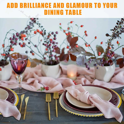 16pcs/30pcs/50pcs/100pcs/200pcs Clear Plastic Charger Plates with Gold Beads Rim Acrylic Decorative Service Plate