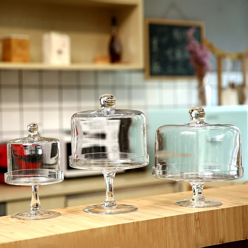 Tall Glass Cake Plate with Lid Transparent Fruit Party Dessert Display Stand Tasting Home Decoration Ornaments