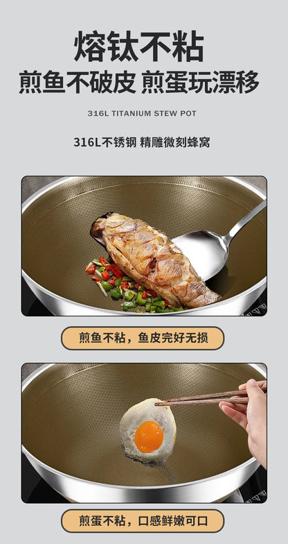 KENGQIANG Double ear 316 Stainless steel deep thick flat bottomed stew wok cooking pot non stick home frying pan cookware