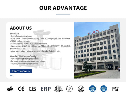 LUFVEBUT Large Calibre Slow Juicer 250W Cold Press Masticating Extractor BPA Free High Juice Yield Safe Kitchen Gadget