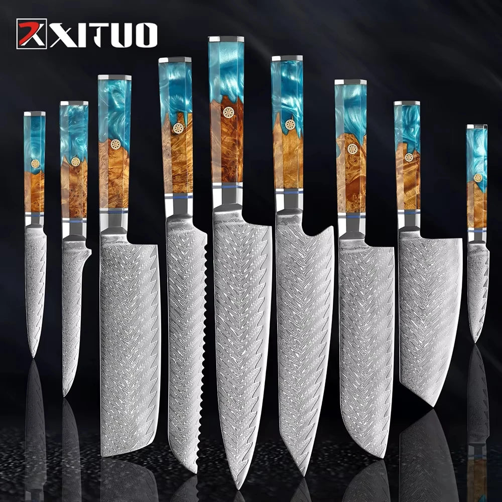 Japanese 67-Layer Damascus Steel Kitchen Knife Set Utility Knife Meat Slicer Vegetable Knife Boning Knife Ergonomic Handle