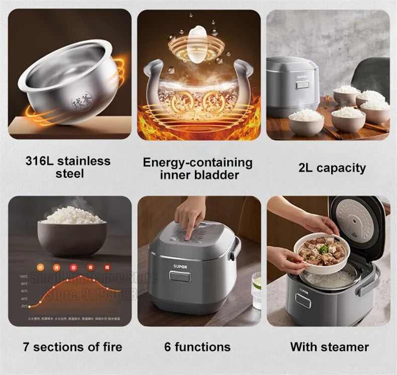 SUPOR 2L Household Rice Cooker LED Display 24H Intelligent Timing Rice Cooking Pot Good Taste 316L Stainless Steel Multi Cooker
