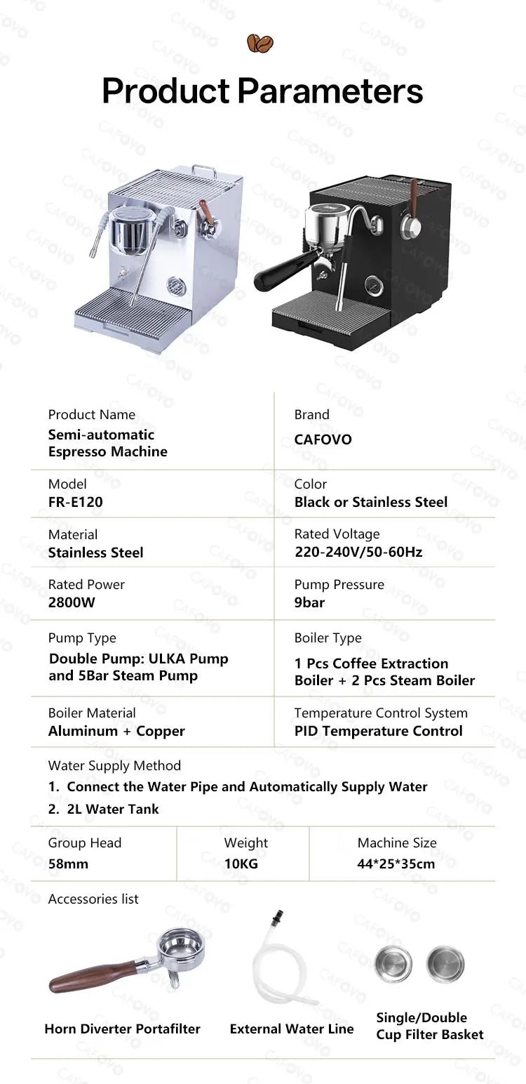 CAFOVO E120 9Bar Commercial Dual Boiler Espresso Machine ULKA Pump OPV System with OLED Display for Cafe Coffee Maker 220V