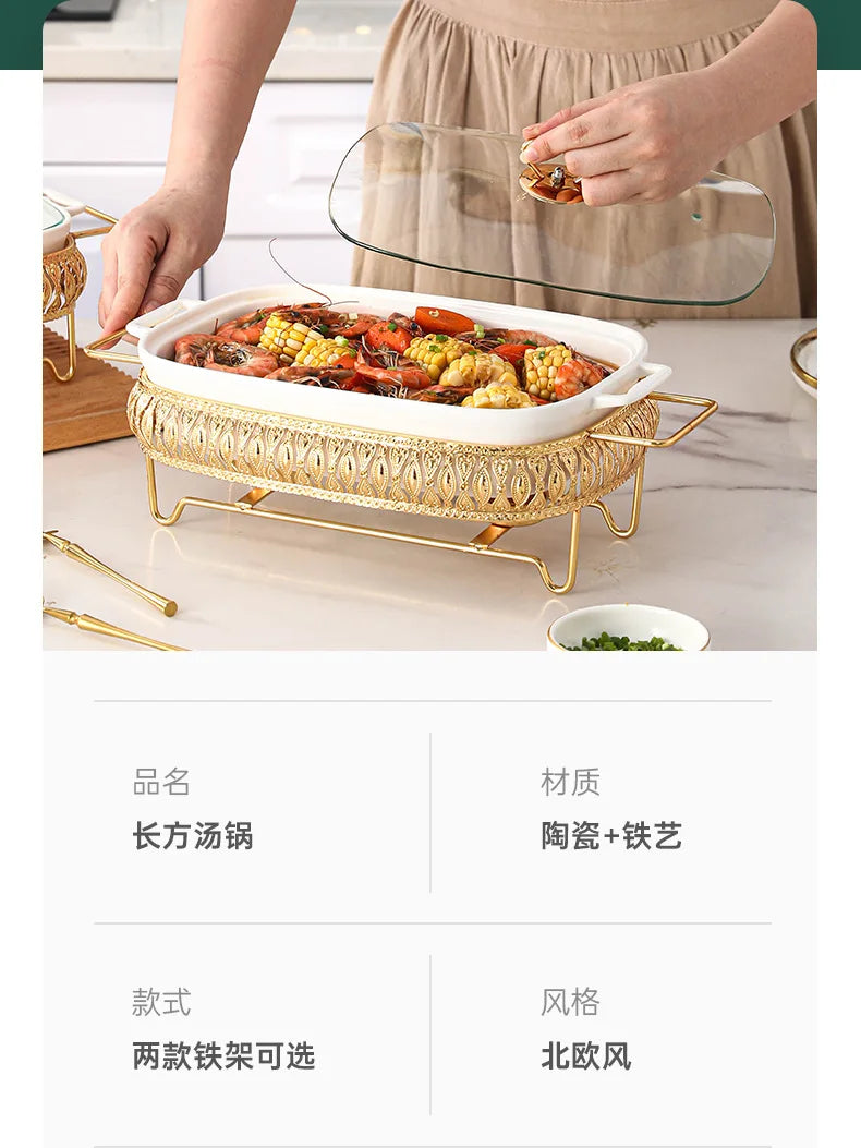 Light Luxury Square Dinnerware Set with Lid and Candle Holder, Nordic Style Ceramic Hot Pot Tableware