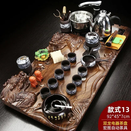 Solid Wood Tea Tray with Purple Sand Kung Fu Tea Set & Induction Cooker – Premium Chinese Gongfu Teaware