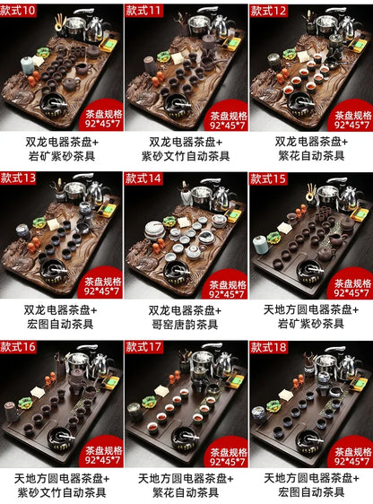 Solid Wood Tea Tray with Purple Sand Kung Fu Tea Set & Induction Cooker – Premium Chinese Gongfu Teaware