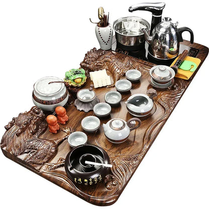 Solid Wood Tea Tray with Purple Sand Kung Fu Tea Set & Induction Cooker – Premium Chinese Gongfu Teaware