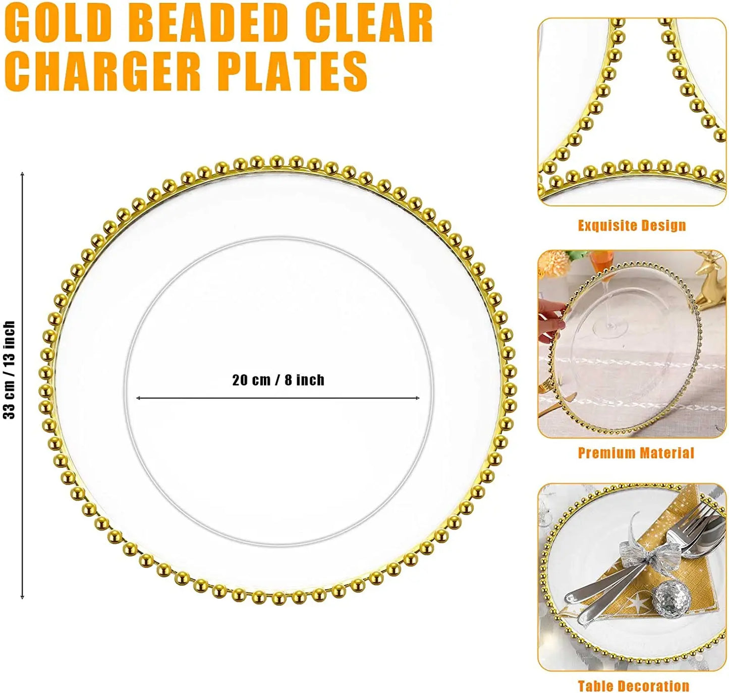 16pcs/30pcs/50pcs/100pcs/200pcs Clear Plastic Charger Plates with Gold Beads Rim Acrylic Decorative Service Plate