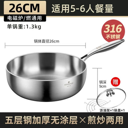Stainless Steel Frying Pan 316 Stainless Steel Flat Bottomed Frying Pan Deep Uncoated Induction Cooker Vegetable Frying Pan