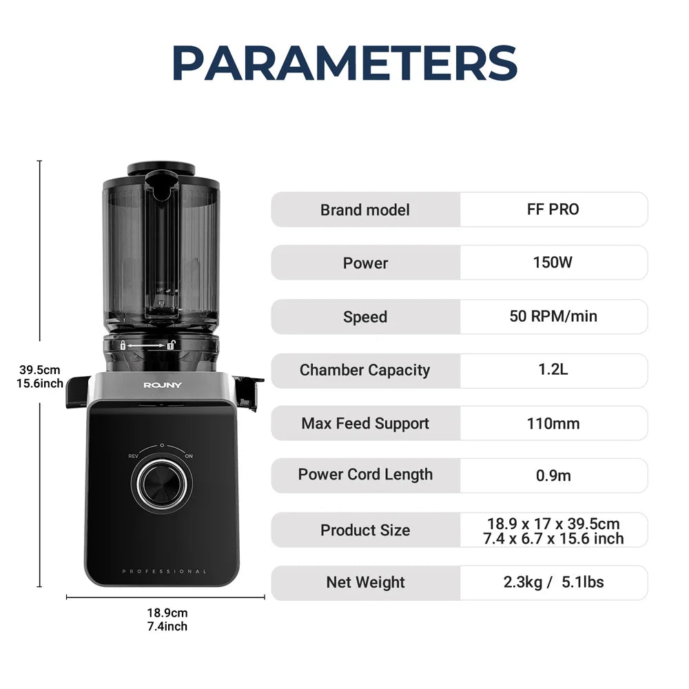 ROUNY Cold Press Extractor with Filter-Free, Easy Clean Electric Fruit Slow Juicer Machine with Large Feed Caliber,  Black
