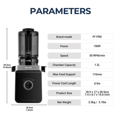 ROUNY Cold Press Extractor with Filter-Free, Easy Clean Electric Fruit Slow Juicer Machine with Large Feed Caliber,  Black