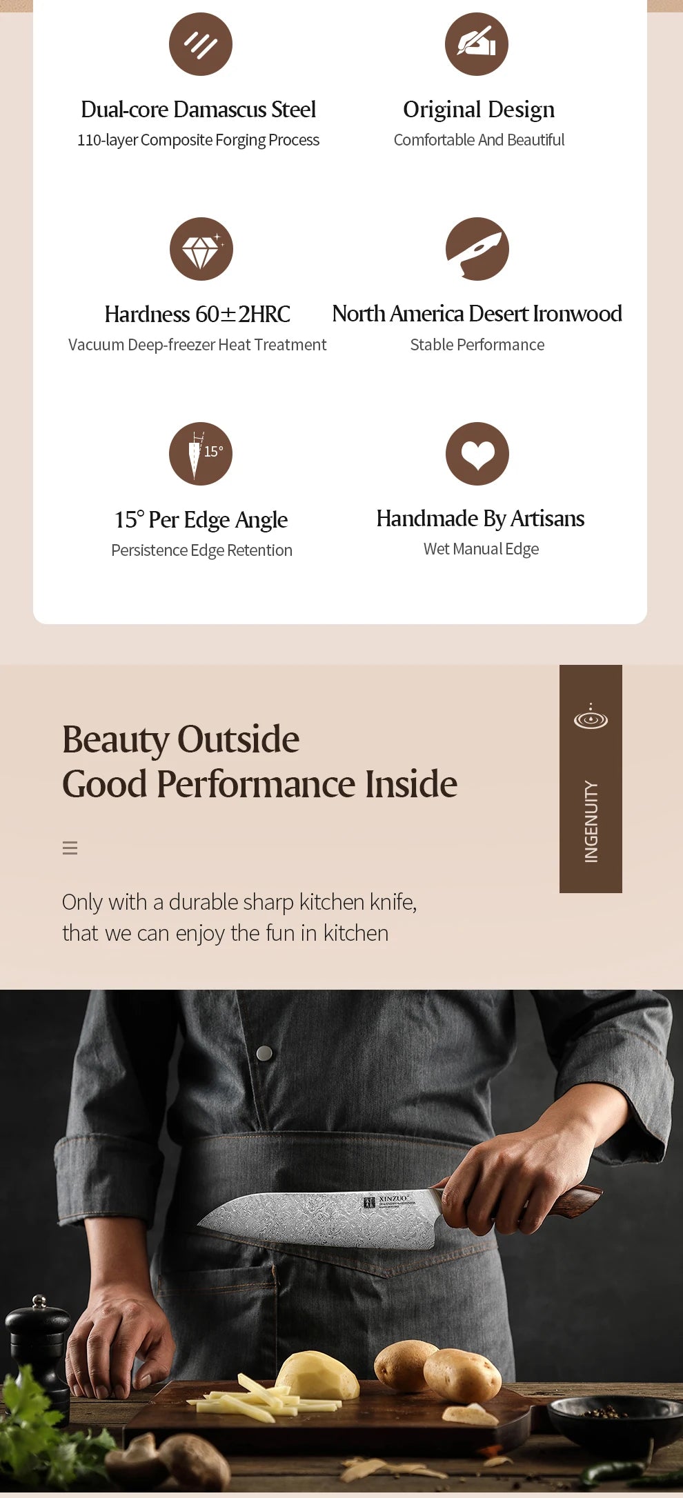 XINZUO 7.8'' Japanese Chef's Knife High-carbon Dual-core Damascus Steel Cooking Knife for Meat Vegetable Fish Fillet Salmon