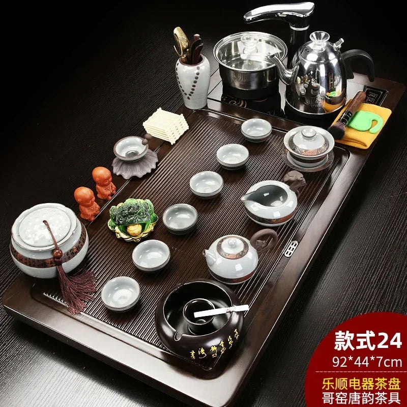 Solid Wood Tea Tray with Purple Sand Kung Fu Tea Set & Induction Cooker – Premium Chinese Gongfu Teaware