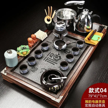 Solid Wood Tea Tray with Purple Sand Kung Fu Tea Set & Induction Cooker – Premium Chinese Gongfu Teaware