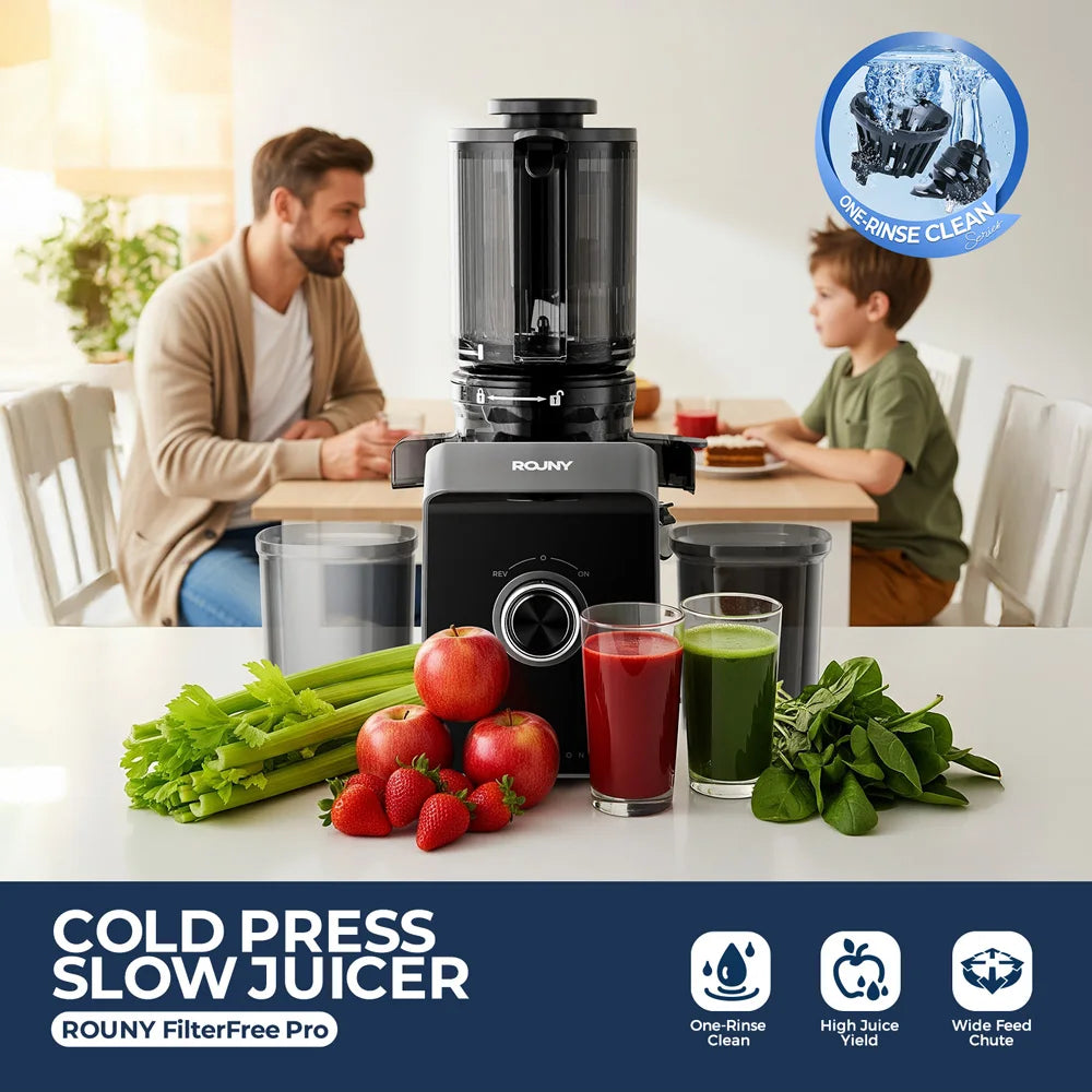ROUNY Cold Press Extractor with Filter-Free, Easy Clean Electric Fruit Slow Juicer Machine with Large Feed Caliber,  Black