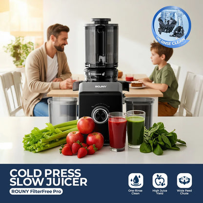 ROUNY Cold Press Extractor with Filter-Free, Easy Clean Electric Fruit Slow Juicer Machine with Large Feed Caliber,  Black