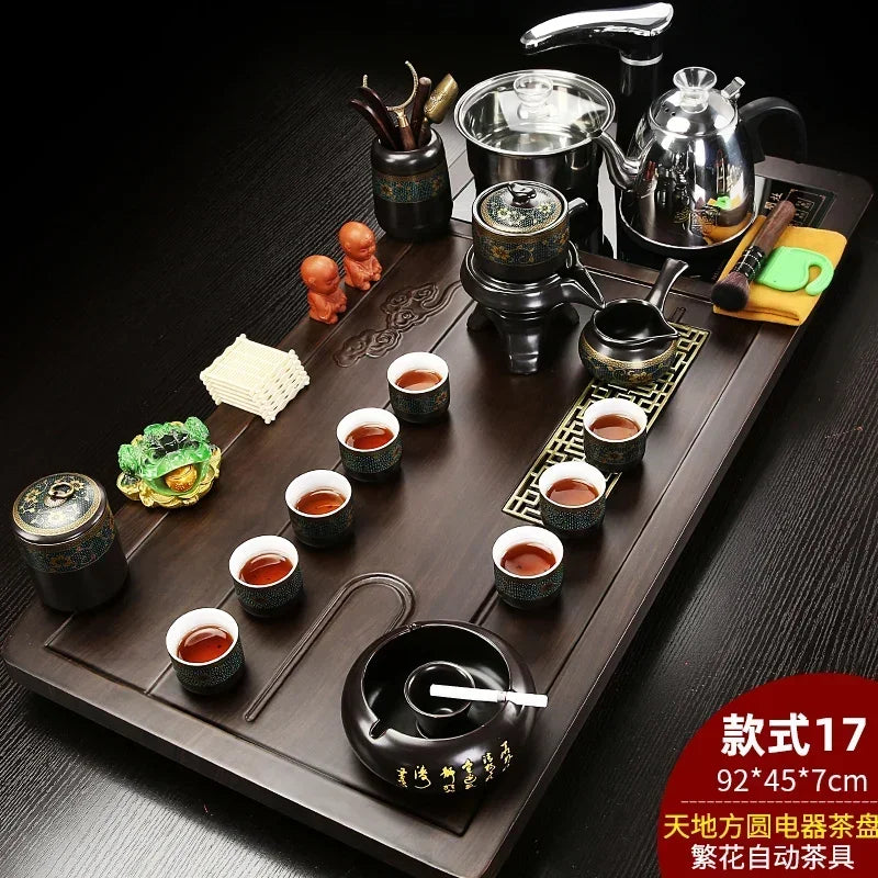 Solid Wood Tea Tray with Purple Sand Kung Fu Tea Set & Induction Cooker – Premium Chinese Gongfu Teaware
