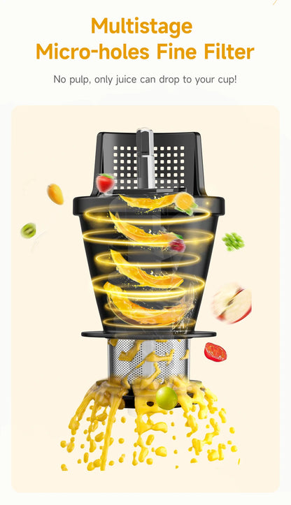 LUFVEBUT Large Calibre Slow Juicer 250W Cold Press Masticating Extractor BPA Free High Juice Yield Safe Kitchen Gadget