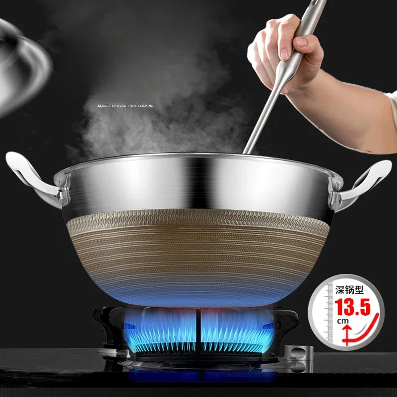 KENGQIANG Double ear 316 Stainless steel deep thick flat bottomed stew wok cooking pot non stick home frying pan cookware
