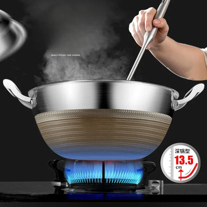 KENGQIANG Double ear 316 Stainless steel deep thick flat bottomed stew wok cooking pot non stick home frying pan cookware