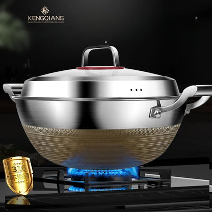 KENGQIANG Double ear 316 Stainless steel deep thick flat bottomed stew wok cooking pot non stick home frying pan cookware