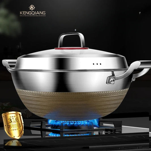 KENGQIANG Double ear 316 Stainless steel deep thick flat bottomed stew wok cooking pot non stick home frying pan cookware