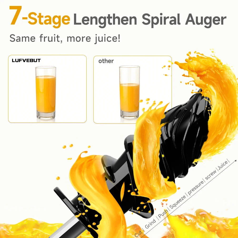 LUFVEBUT Large Calibre Slow Juicer 250W Cold Press Masticating Extractor BPA Free High Juice Yield Safe Kitchen Gadget