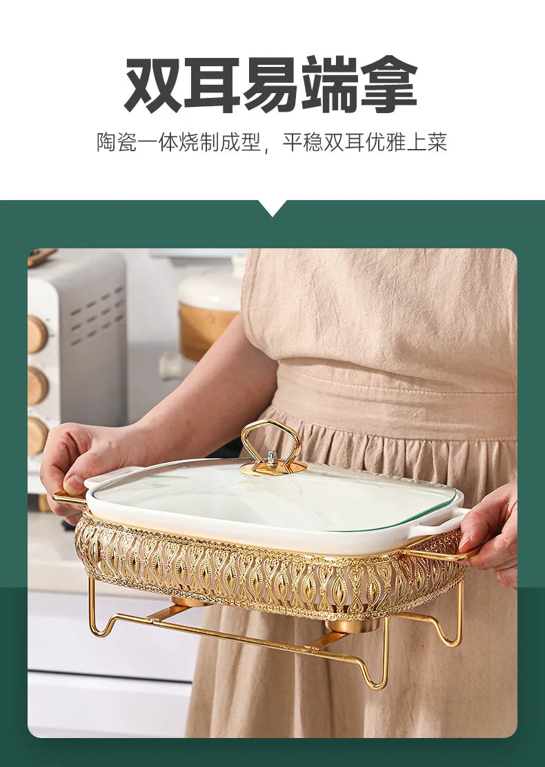 Light Luxury Square Dinnerware Set with Lid and Candle Holder, Nordic Style Ceramic Hot Pot Tableware