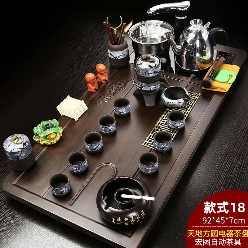 Solid Wood Tea Tray with Purple Sand Kung Fu Tea Set & Induction Cooker – Premium Chinese Gongfu Teaware
