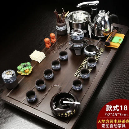 Solid Wood Tea Tray with Purple Sand Kung Fu Tea Set & Induction Cooker – Premium Chinese Gongfu Teaware