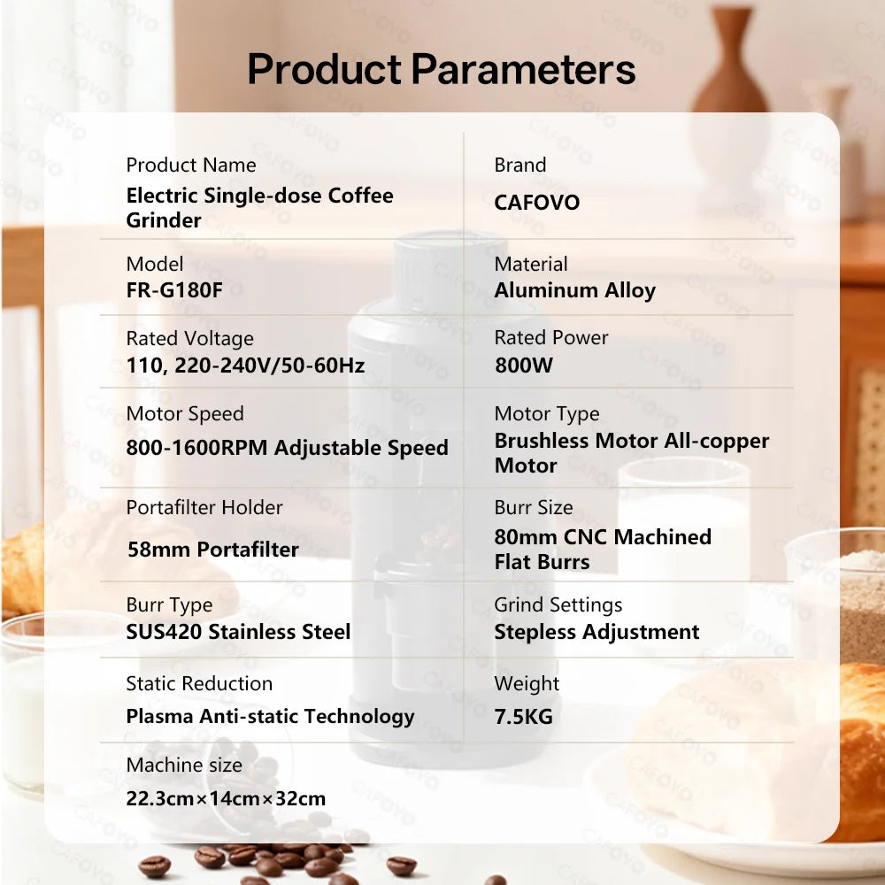 CAFOVO G180FV Electric Coffee Bean Grinder 80mm Flat Burrs 800-1600RPM Stepless Grind Plasma Anti Static Single Dose Grinder