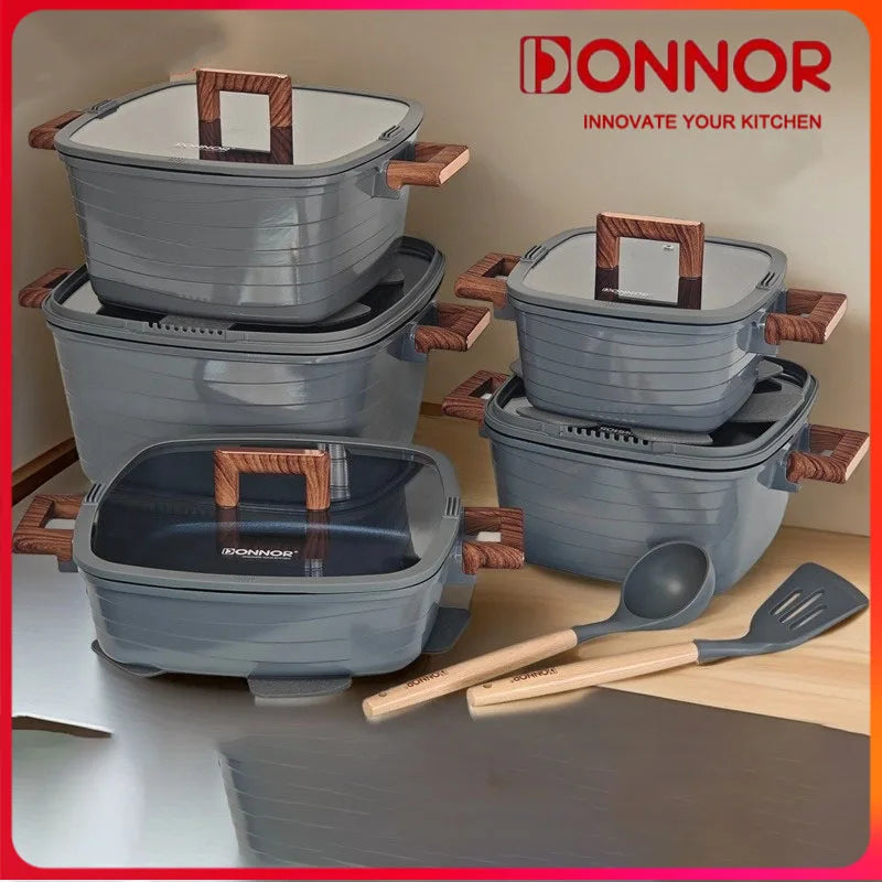DONNOR 15-Piece Non-Stick Cookware Set – Square Soup Pot, Frying Pan, Milk Pot & Stew Pots with Bakelite Handles