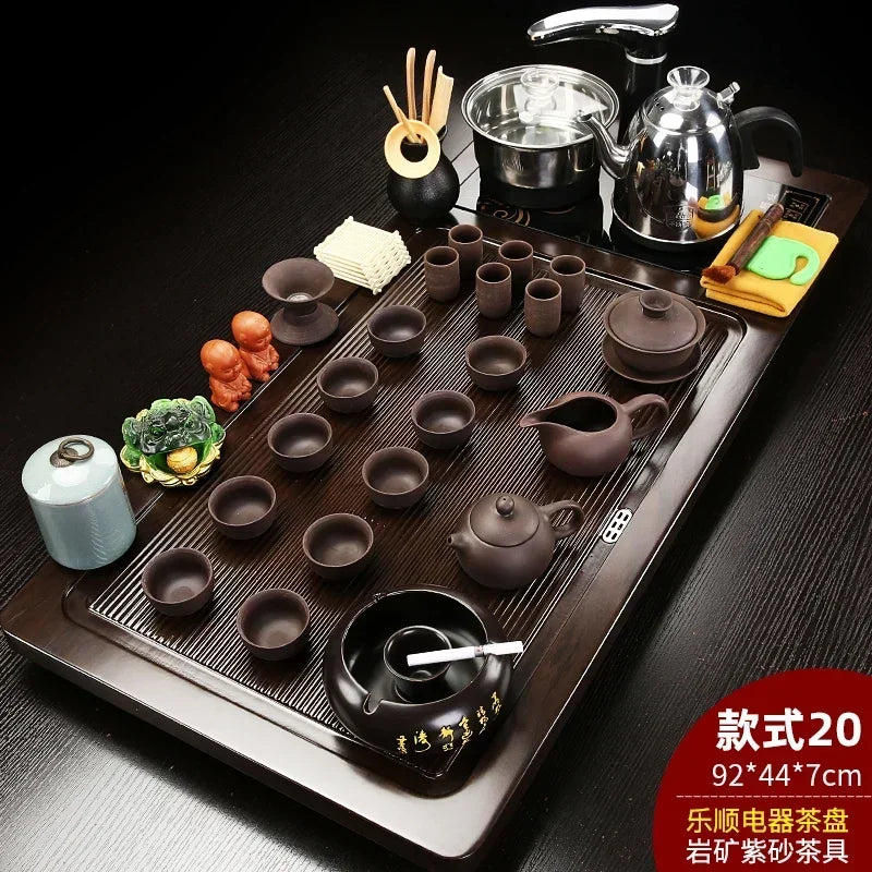 Solid Wood Tea Tray with Purple Sand Kung Fu Tea Set & Induction Cooker – Premium Chinese Gongfu Teaware
