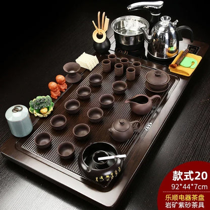 Solid Wood Tea Tray with Purple Sand Kung Fu Tea Set & Induction Cooker – Premium Chinese Gongfu Teaware