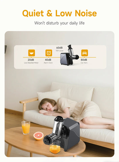 LUFVEBUT Large Calibre Slow Juicer 250W Cold Press Masticating Extractor BPA Free High Juice Yield Safe Kitchen Gadget