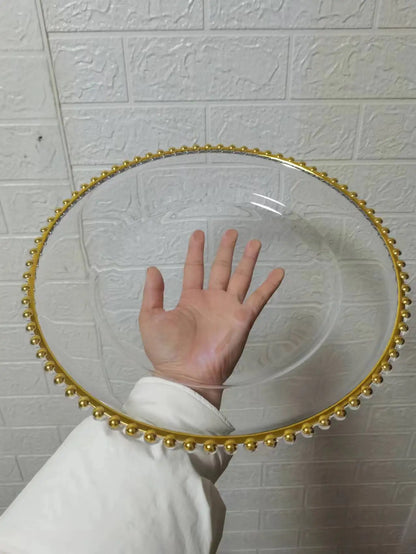 16pcs/30pcs/50pcs/100pcs/200pcs Clear Plastic Charger Plates with Gold Beads Rim Acrylic Decorative Service Plate