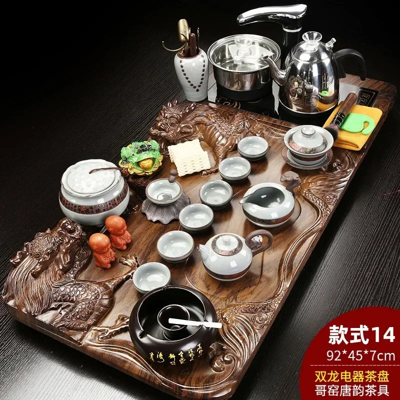 Solid Wood Tea Tray with Purple Sand Kung Fu Tea Set & Induction Cooker – Premium Chinese Gongfu Teaware