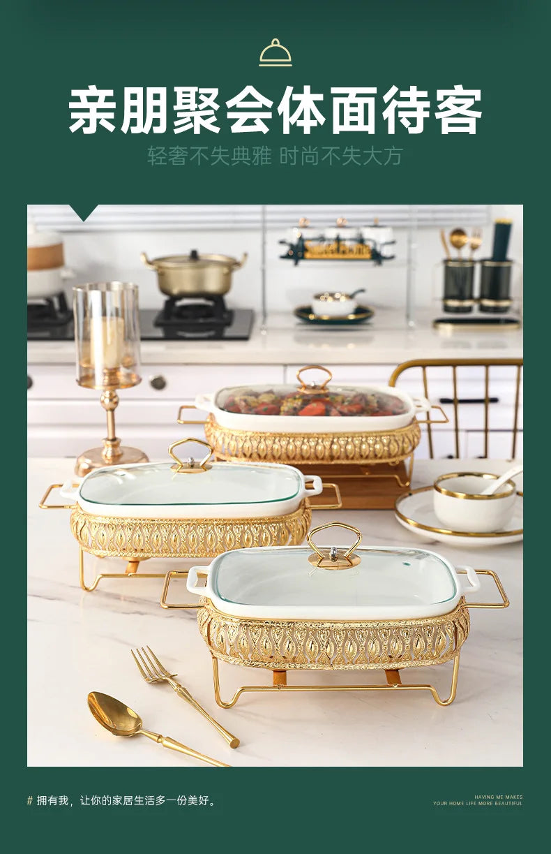 Light Luxury Square Dinnerware Set with Lid and Candle Holder, Nordic Style Ceramic Hot Pot Tableware