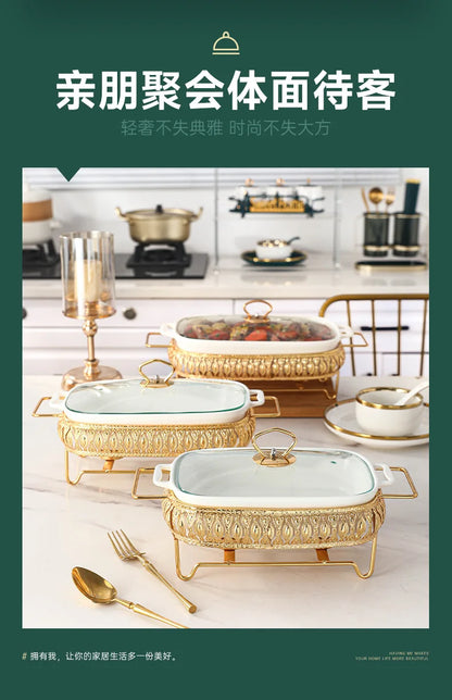 Light Luxury Square Dinnerware Set with Lid and Candle Holder, Nordic Style Ceramic Hot Pot Tableware