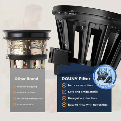ROUNY Cold Press Extractor with Filter-Free, Easy Clean Electric Fruit Slow Juicer Machine with Large Feed Caliber,  Black