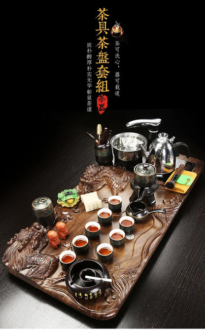 Solid Wood Tea Tray with Purple Sand Kung Fu Tea Set & Induction Cooker – Premium Chinese Gongfu Teaware