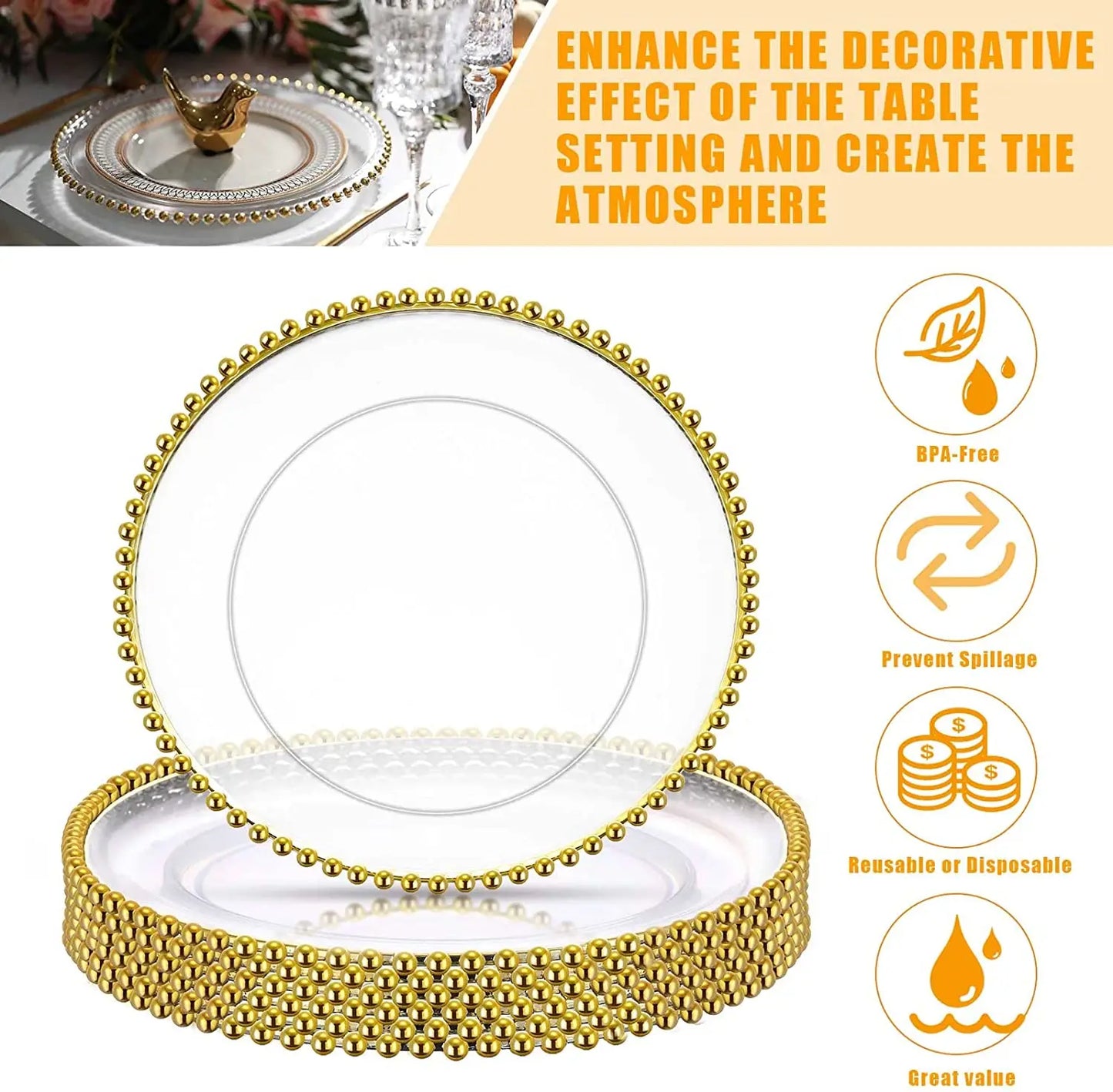 16pcs/30pcs/50pcs/100pcs/200pcs Clear Plastic Charger Plates with Gold Beads Rim Acrylic Decorative Service Plate