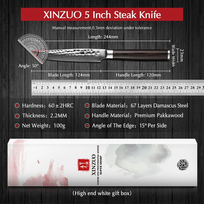 XINZUO 5 Inches Damscus Pattern Sharp Steak Knife Meat Slicing Knife Restaurant Cutlery With Pkkawood Handle Kitchen Tools