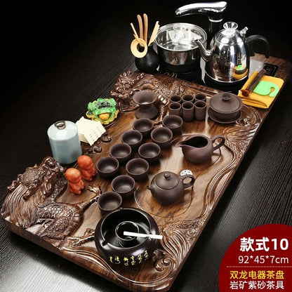 Solid Wood Tea Tray with Purple Sand Kung Fu Tea Set & Induction Cooker – Premium Chinese Gongfu Teaware